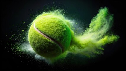 Freeze motion shot of flying tennis ball containing light green powder , tennis, ball, flying, freeze motion, green powder