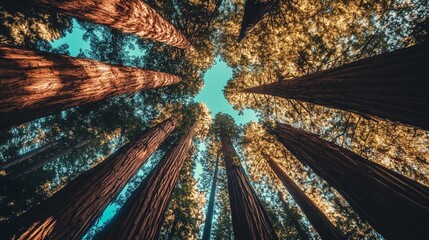 Obraz premium Green forest tree tall perspective view from lower with sun light nature environment