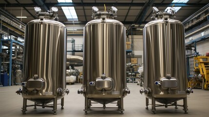 Three large stainless steel bioreactors in an industrial setting, representing advanced biotechnology and industrial fermentation processes.