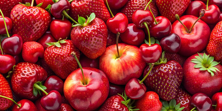 Close-up of cherries, strawberries, and apples creating a vibrant red fruit symphony, red, fruit, close-up, cherries - Powered by Adobe