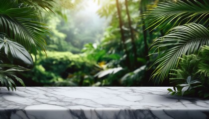 Fototapeta premium Marble tabletop on jungle background. Empty countertop for eco products and cosmetics presentation. Stone design mockup. tree in the garden
