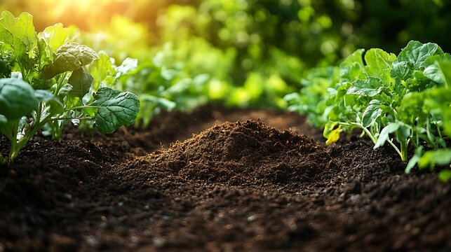 Organic compost being spread over a garden bed filled with vegetables, lush green plants surrounding the area, warm sunlight creating vibrant highlights, the soil rich and ready for growth.