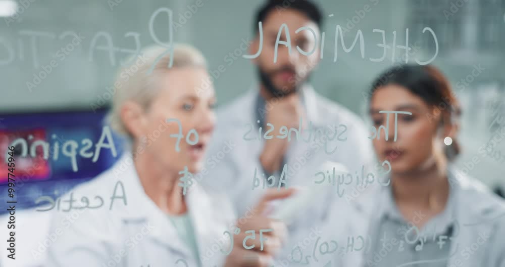 Poster scientist, team and conversation with glass in laboratory for tracking experiment progress, planning