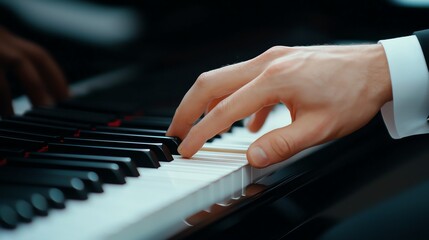 Fototapeta premium Hand playing piano keys, close-up shot