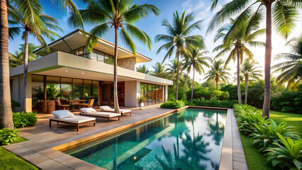 Fototapeta premium Luxury tropical villa with private pool nestled among lush palm trees, villa, tropical, private pool, palm trees, luxury