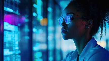 Woman with Blue-Tinted Glasses Looking at Data on a Screen