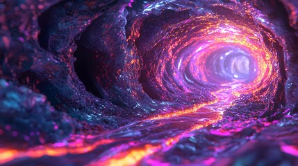 A vibrant abstract design featuring a red and blue spiral, with purple swirls and vortex-like patterns in a digital space-inspired backdrop