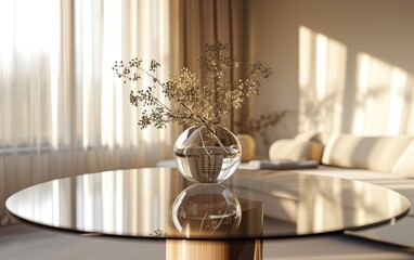 Fototapeta premium Elegant round glass table with dry flowers in bowl glass vase in living space decoration with natural light