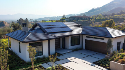 Modern solar roof tiles enhance aesthetic of this contemporary home, seamlessly integrating sustainability with style. picturesque landscape adds to serene atmosphere
