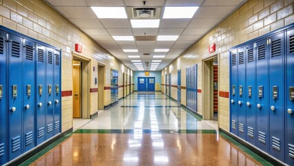 Obraz premium Empty school corridor with open classroom doors during lockdown , school, corridor, empty, hallway, lockdown, classroom