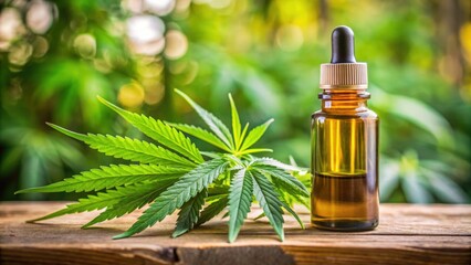 Fototapeta premium Close up of a bottle of CBD oil with cannabis leaves in the background, CBD, legalization, European Union