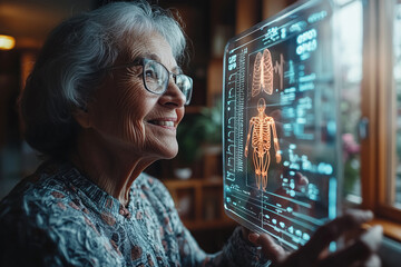 Elderly Woman Engaging with Transparent Digital Healthcare Technology Display