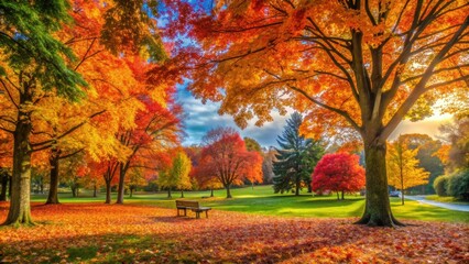Vibrant autumn colors in a serene park setting, Autumn, scenery, park, nature, colorful, trees, leaves, foliage, peaceful