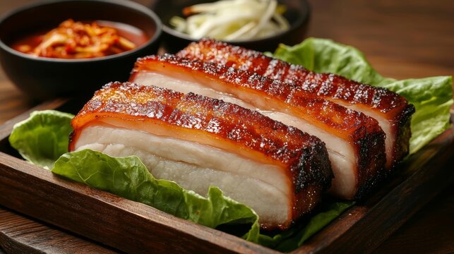 Delicious roasted pork belly served on fresh lettuce with dipping sauce.