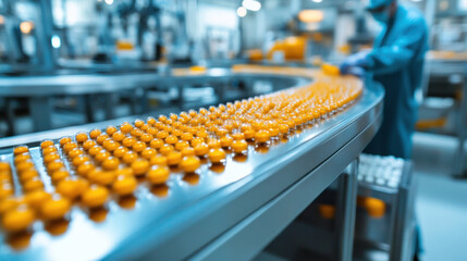 Efficient production line with orange capsules moving on conveyor belt, showcasing strict adherence to Good Manufacturing Practices (GMP) in pharmaceutical facility