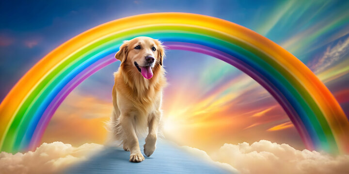 Golden retriever crossing Rainbow Bridge with vibrant rainbow background, dog, golden retriever, crossing, Rainbow Bridge