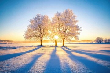 Snowy Morning Landscape with Frosty Trees and Clear Sky