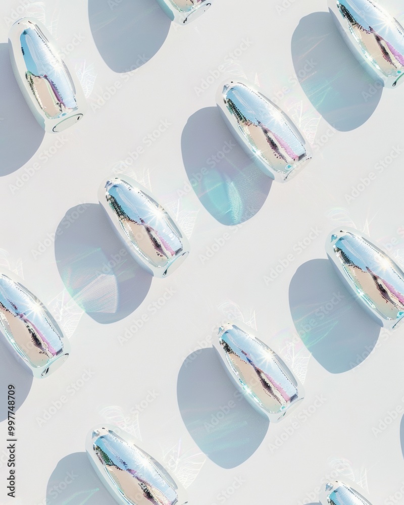 Poster Creative pattern of holographic silver objects casting colorful reflections and shadows on a white background.