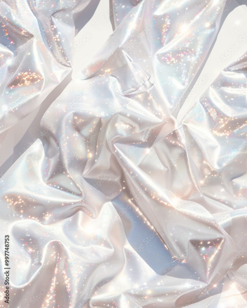 Poster shimmering holographic silver fabric patterns on soft white background - crisp and bright pastel col