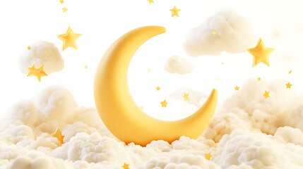Golden Crescent Moon and Stars in a Dreamy Cloudscape