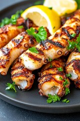 Grilled octopus with herbs and lemon on a dark plate, appetizing presentation.
