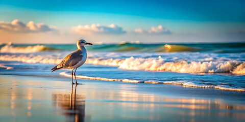Fototapeta premium Bird standing on the shore of a calm beach , wildlife, nature, coast, animal, peaceful, serene, water, avian, seabird