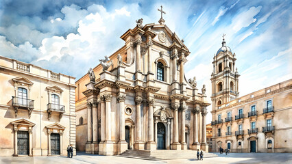 Obraz premium Ink sketch of Syracuse Cathedral in Sicily, Italy, Syracuse Cathedral, Catholic church, Sicily, Italy, architecture