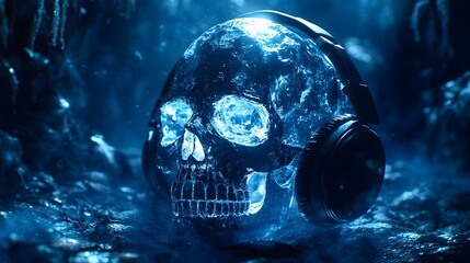 A crystal skull with cracked reflective headphones, surrounded by fog, glowing softly beneath the towering trees of a mystical forest under the night sky