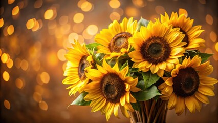 Obraz premium Close-up of a bouquet of sunflowers on a blurred brown background, sunflowers, bouquet, flowers, yellow, nature, petals, vibrant