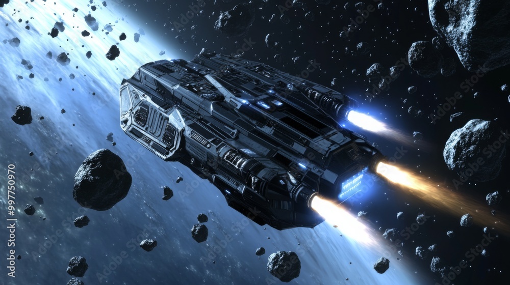 Poster A sleek spacecraft ventures through a mesmerizing asteroid field, illuminated by distant stars. Thrusters ignite as it skillfully avoids rocky debris in the vast expanse of space.