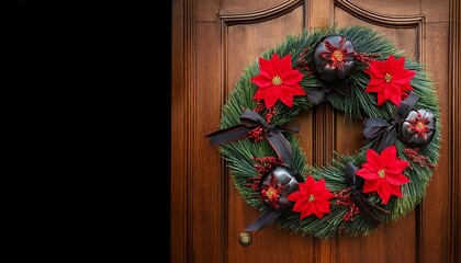 christmas wreath with red flowers and black ribbons, on a wooden door, 3d illustration space copywrite, wood, wooden, wreath, christmas, flower, decoration, nature, autumn, flowers, red, holiday, seas
