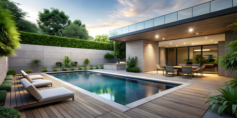 Fototapeta premium Modern backyard featuring a stylish pool , backyard, modern, contemporary, outdoor living, pool, swimming