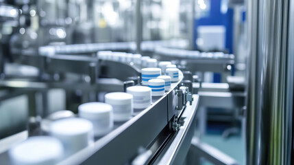 Obraz premium Automated pharmaceutical production line with containers moving along conveyor belt, showcasing advanced technology in clean environment. scene reflects efficiency and precision in manufacturing