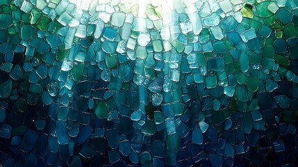 A calming mosaic made of irregular sea glass tiles in vibrant blue and green, cascading down like a waterfall, light reflecting through the glass
