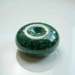 A beautifully crafted green glass ornament with a circular design resting on a smooth surface in soft lighting