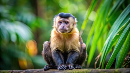 Fototapeta premium Black-capped capuchin monkey sitting alone in the jungle, wildlife, rainforest, solitude, isolated, animal, primate, nature