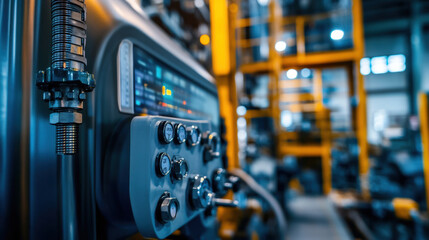 Naklejka premium High tech control panel in industrial setting, showcasing advanced machinery and real time monitoring systems. environment emphasizes efficiency and compliance in operations