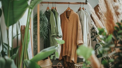 A cozy display of textured clothing hangs on a rack, surrounded by lush green foliage, creating a warm and inviting atmosphere.