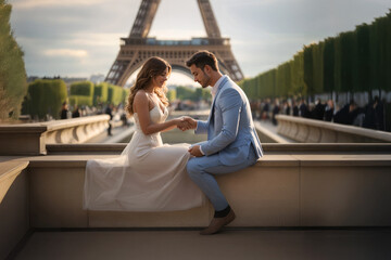 Holding hands engagement proposal couples in love and lovers sharing romantic moments wedding in city of Paris France celebrating passion togetherness 