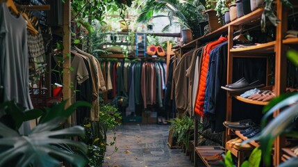 Naklejka premium A cozy clothing shop surrounded by lush plants, featuring neatly arranged garments on wooden racks, creating a vibrant and inviting atmosphere.