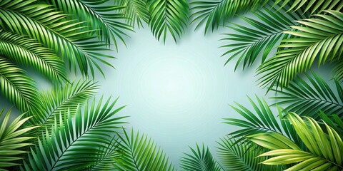 Fresh green jungle palm leaves overlay frame on background, tropical, lush, vibrant, foliage, greenery, nature, jungle