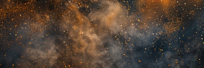 Fototapeta premium Abstract golden particles in dark smoke. Cosmic dust explosion concept for wallpaper, poster, and design.