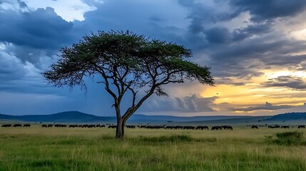 Obraz premium African Savanna Sunset with Wildebeest Herd and Acacia Tree