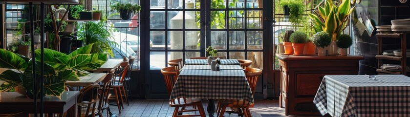 Obraz premium A cozy restaurant interior with checkered tables, surrounded by lush greenery and large windows letting in natural light.