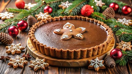 Fototapeta premium Gingerbread and chocolate tart with holiday decorations , Christmas, tart, gingerbread, chocolate, cookies