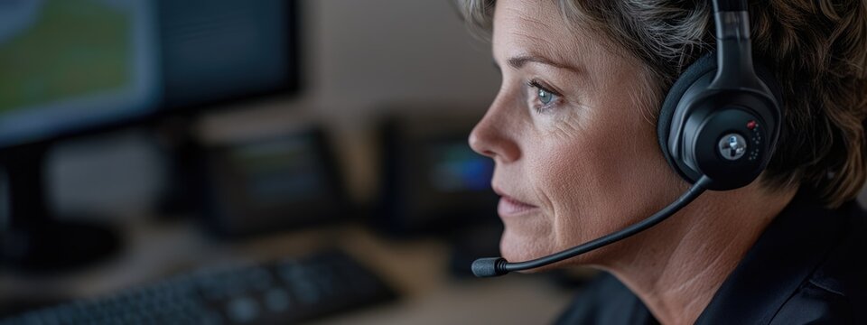 Calm under pressure: portrait a 911 operator at work, their unwavering focus, composure while managing urgent calls, embodying essential qualities of reliability, resilience in crisis management.