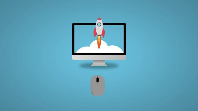 Animated for social media, web, presentation business. new business startup, rocket launch of a computer, launch of a successful internet business