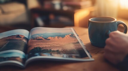 Close-Up of Open Magazine Featuring Mountain and Desert Landscape.  Morning Coffee and Sunlight, Minimalistic Composition