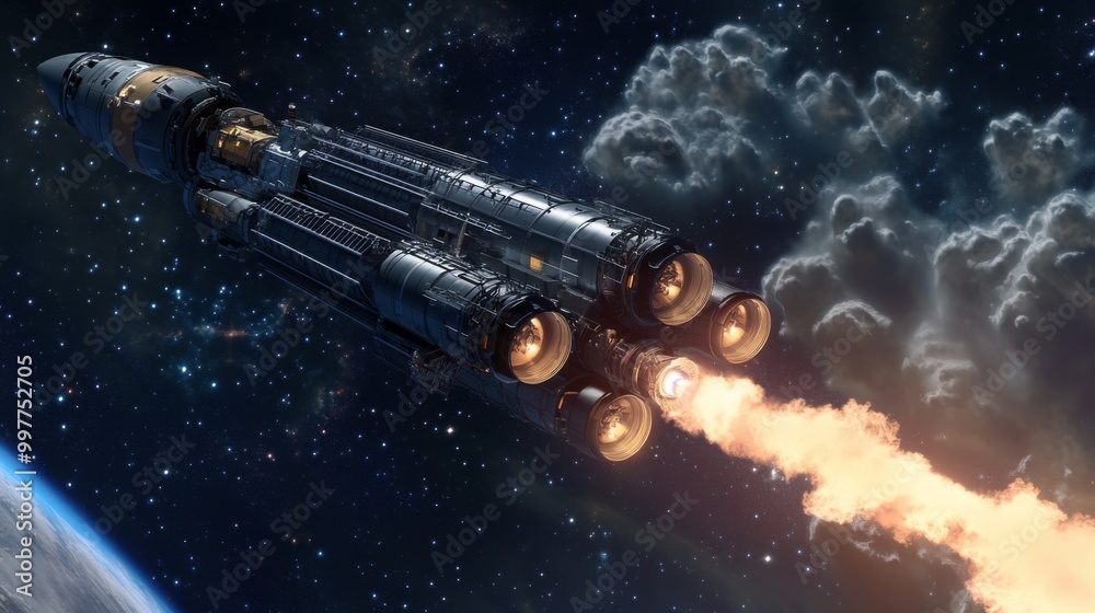 Poster a futuristic spacecraft with multiple engines is launching from earth's atmosphere, leaving a long t