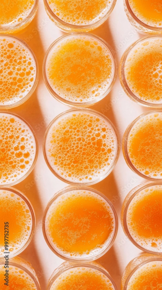 Poster aerial view of symmetrical pattern of orange cocktails with soft warm lighting and detailed textured